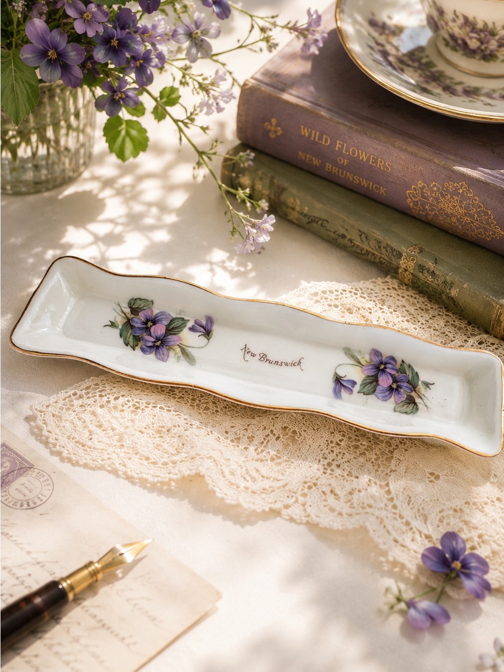 Fine Bone China New Brunswick Violet Trinket Dish England Gold Floral Vintage
